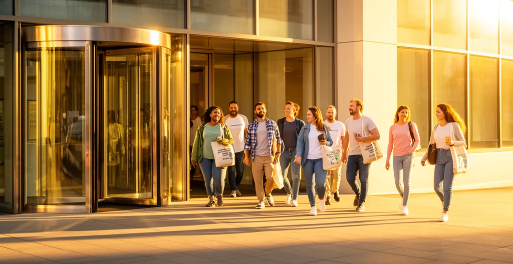 Bénévoles entrant dans un bâtiment associatif humanitaire sous la lumière du matin