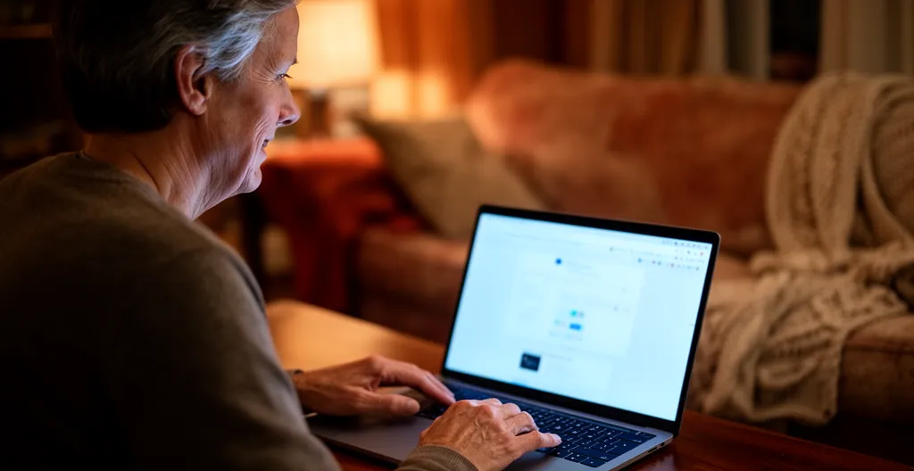 Adulte tapant sur un ordinateur portable dans un salon chaleureux