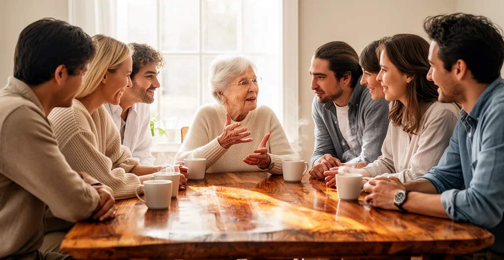 Conversation familiale autour d'une table avec plusieurs générations
